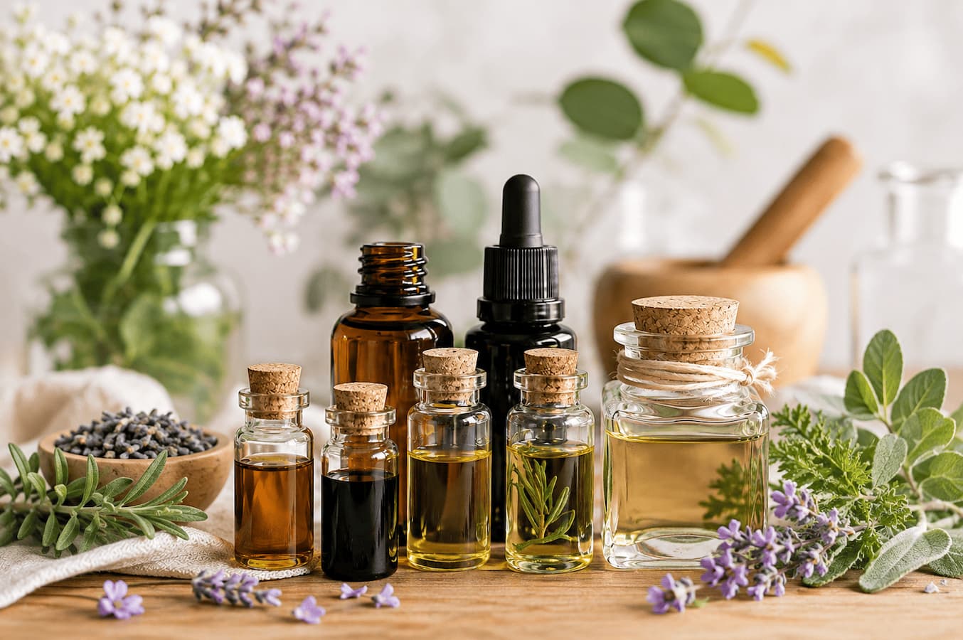 Bottiglie di oli essenziali e piante aromatiche
